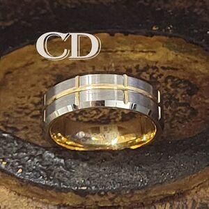 Men's Real Tungsten Wedding Ring Brushed Steel 14k Gold Grooves - Guy's Ring